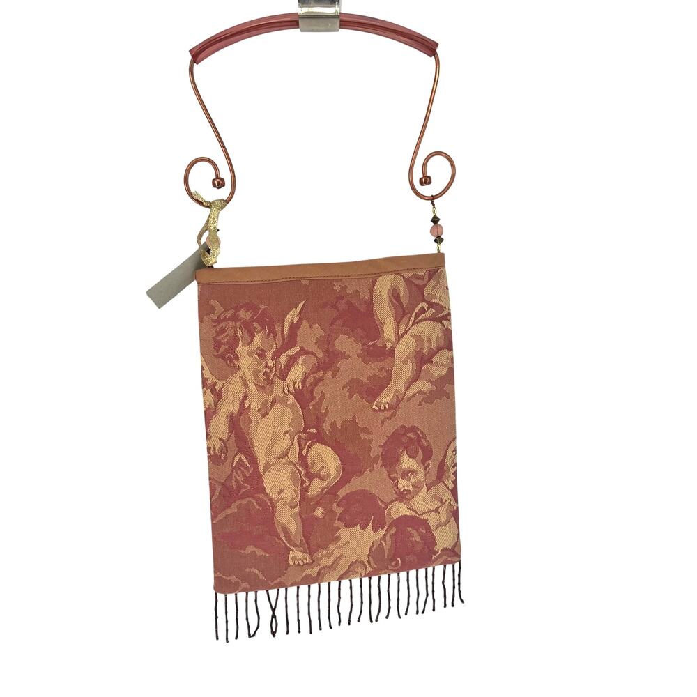 Rose & Gold Silk Brocade Evening Bag with Copper Handle & Bead Fringe